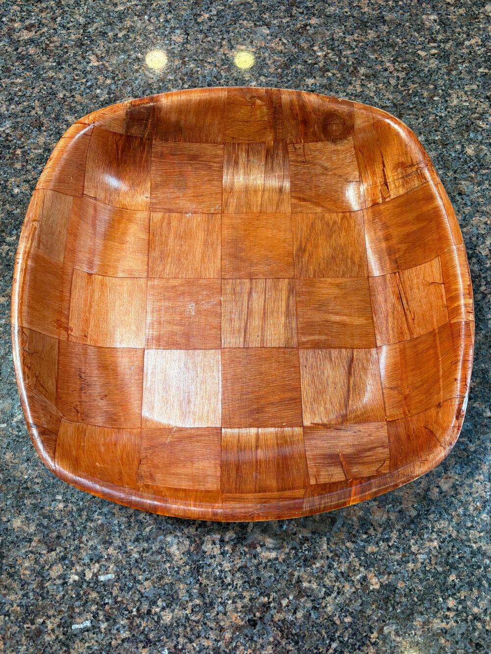 Vintage Square Wood Serving Bowl Checkerboard Pattern 11.5"